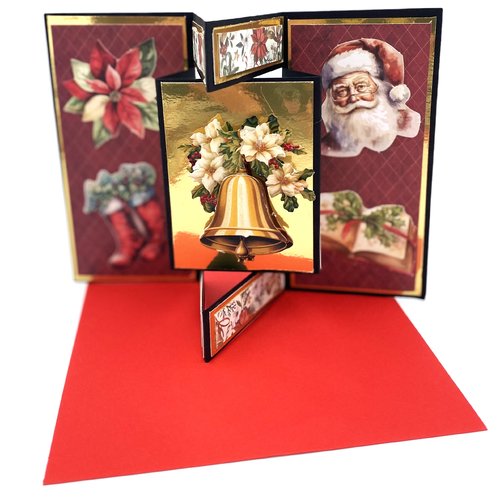 Carte de noel double avec pop-up et image 3d noire et dorée avec enveloppe rouge