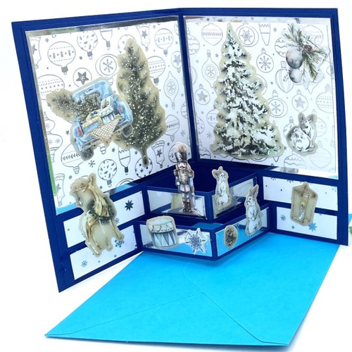 Carte de noel double avec pop-up noël blanc enveloppe bleue
