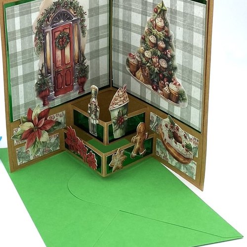 Carte de noel double avec pop-up joyeux noël verte enveloppe assortie