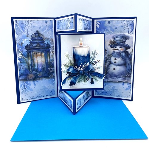 Carte de noel double avec pop-up et image 3d bleue avec enveloppe assortie