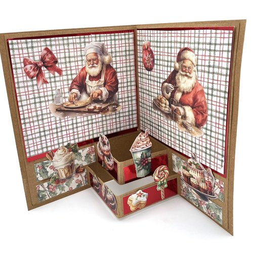 Carte de noel double avec pop-up pere noel gourmand kraft avec enveloppe rouge