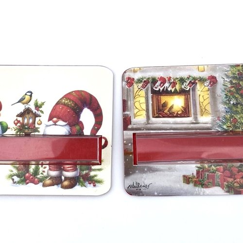 Lot de 2 cartes de noel porte billets plastifié au format carte bancaire - lutin et cheminée