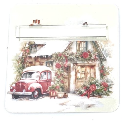 Carte de noel porte billets plastifié au format 10 x 10 - maison et voiture