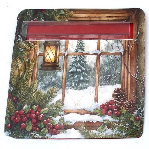 Carte de noel porte billets plastifié au format 10 x 10 - fenêtre décorée