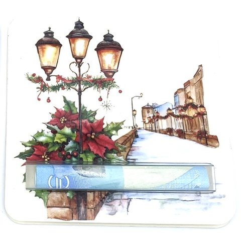 Carte de noel porte billets plastifié au format 10 x 10 - rue enneigée