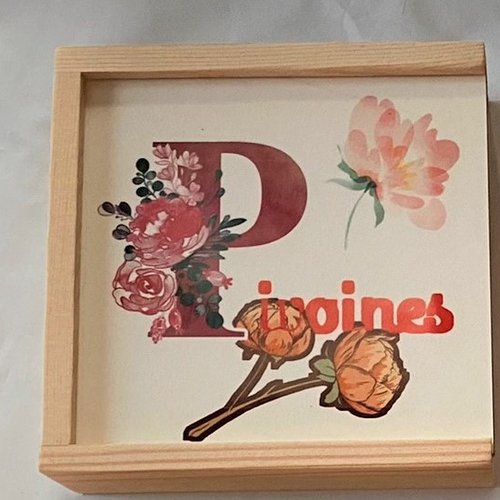 4 sous verre en bois dessous liège dans une boite en bois sublimé - pivoines
