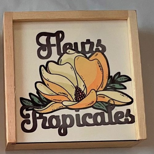 4 sous verre en bois dessous liège dans une boite en bois sublimé - fleurs tropicales