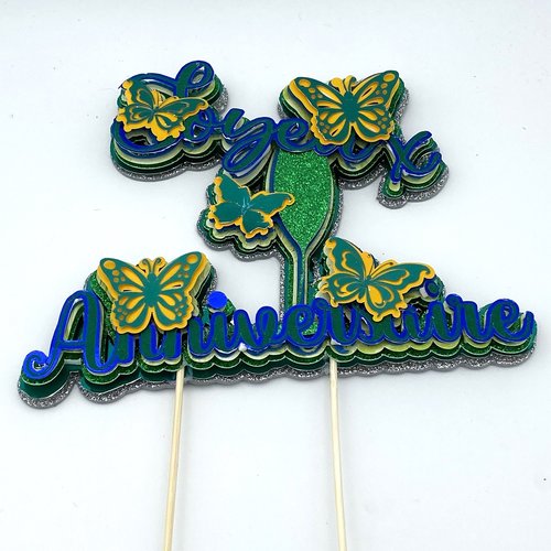 Cake topper anniversaire en 7 couches de textures et couleurs  différentes - bleu et vert
