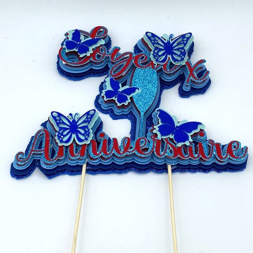 Cake topper anniversaire en 7 couches de textures et couleurs  différentes - bleu et rouge