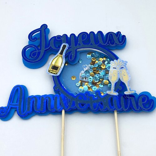 Cake topper shaker  dans les tons bleus : gâteau d'anniversaire et champagne