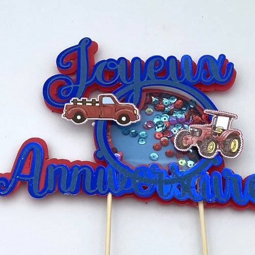 Cake topper shaker  dans les tons bleus : engins agricoles