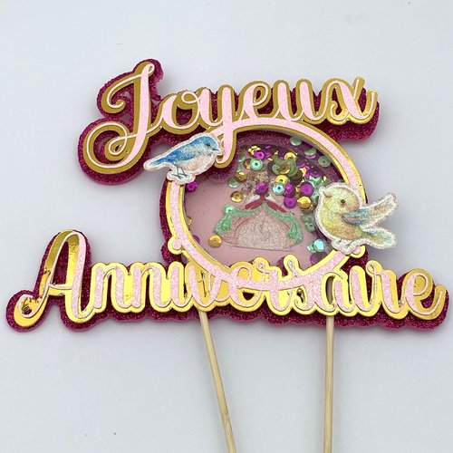 Cake topper shaker  dans les tons roses : oiseau