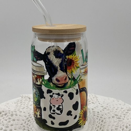 Tasse vache en verre avec paille décorée d'une vache, de tournesols et de tasses à café d'une capacité de 13 oz