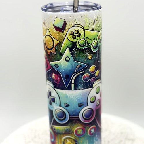 Tumbler isotherme de 20 oz (environ 600 ml) avec couvercle et paille - thème  gamer