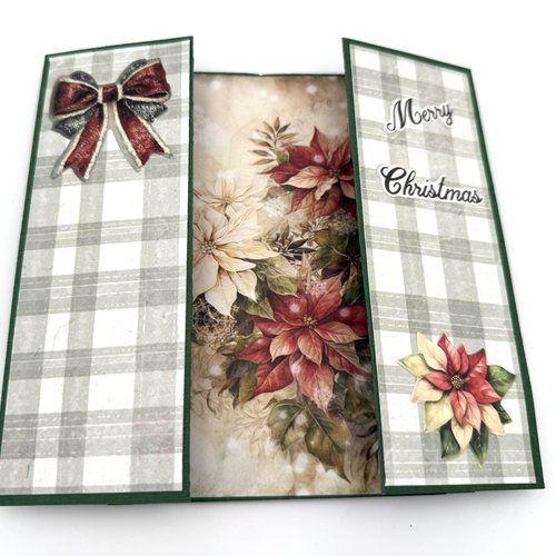 Carte de noel avec pop-up formant un tableau avec un bouquet de poinsettia et enveloppe assortie