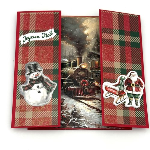 Carte de noel avec pop-up formant un tableau avec une locomotive et enveloppe assortie