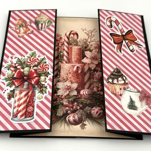 Carte de noel avec pop-up formant un tableau avec bouquet gourmand et enveloppe assortie