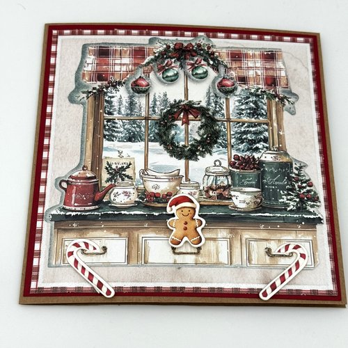 Carte de noel double rouge avec pop-up patisserie et enveloppe assortie