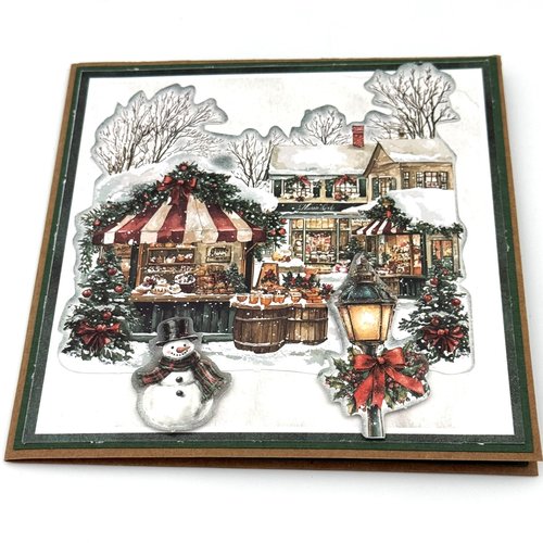 Carte de noel double verte avec pop-up marche de noel et enveloppe assortie