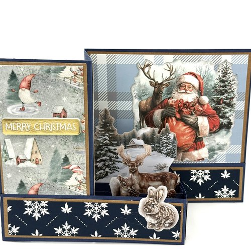Carte de noel double bleue avec pop-up père noël et animaux et enveloppe assortie