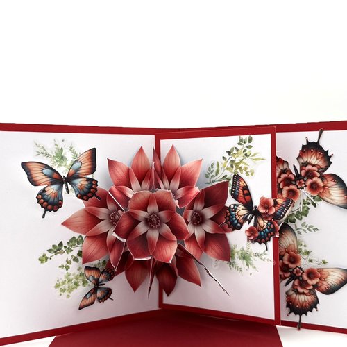 Carte pop up fleurs et papillons rouge avec enveloppe assortie
