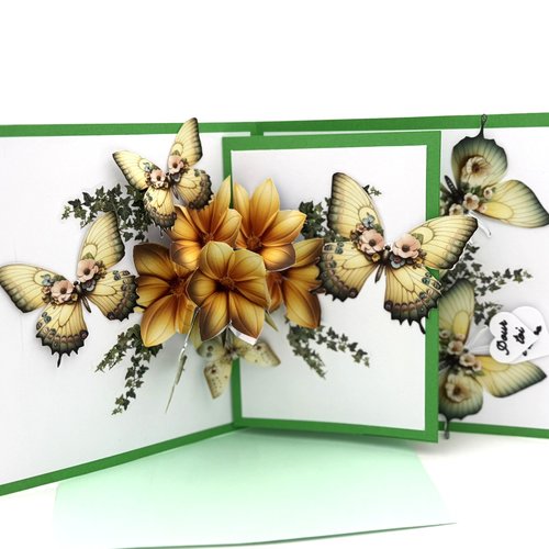 Carte pop up fleurs et papillons verte avec enveloppe assortie