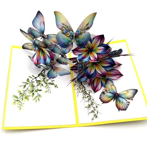 Carte pop up fleurs et papillons arc en ciel avec enveloppe assortie
