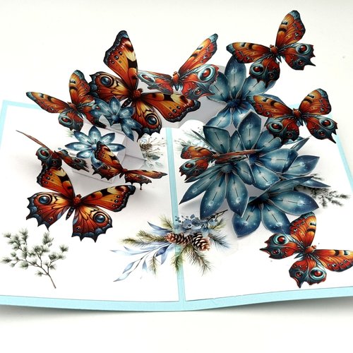 Carte pop up fleurs et papillons bleu et orange avec enveloppe assortie