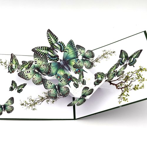 Carte pop up papillons dans les tons verts avec enveloppe assortie