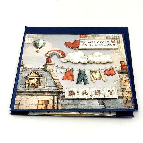 Carte pop up de felicitations pour une naissance bleue avec enveloppe