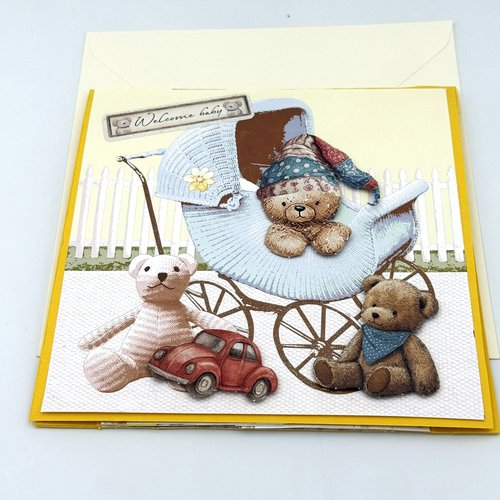 Carte pop up de felicitations pour une naissance jaune avec enveloppe