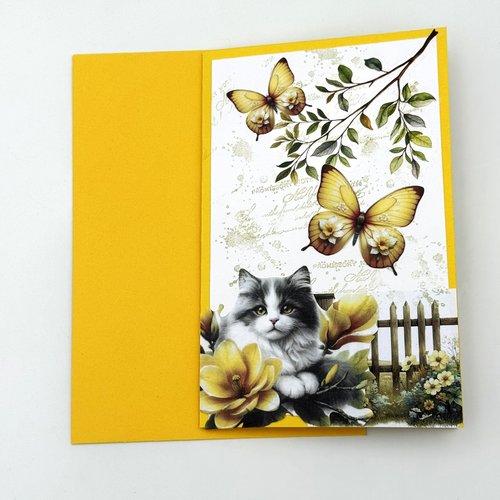 Carte trois volets jaune pop up papillons et fleur avec enveloppe assortie chat