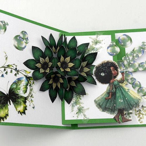 Carte pop up bulles dans les tons verts avec enveloppe assortie