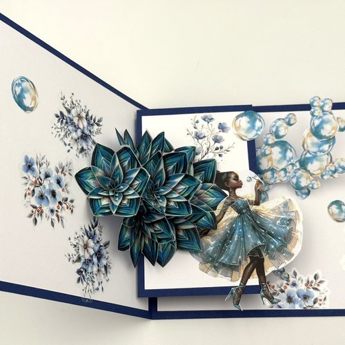 Carte pop up bulles dans les tons  bleus avec enveloppe assortie