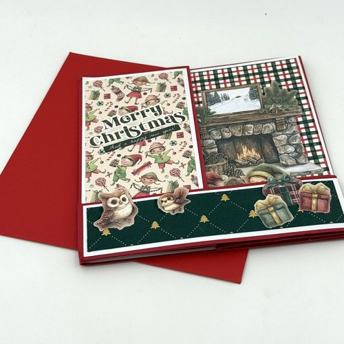 Carte de noel double rouge avec pop-up lutins et enveloppe assortie