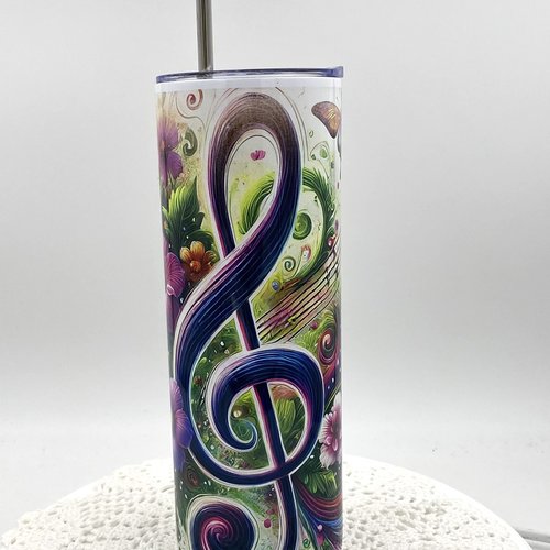Tumbler isotherme de 20 oz (environ 600 ml) avec couvercle et paille - thème musique