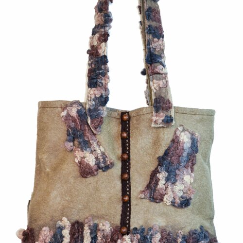 Unique artisanale sac a main feutrée  personalise  fait main marron beige en laine merinos art sac