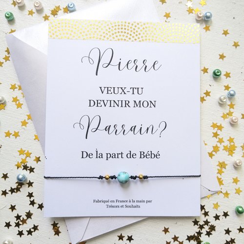 Bracelet avec cordon et perle en pierre naturelle cadeau pour un parrain sur un faire-part personnalisé
