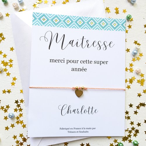 Bracelet et carte personnalisée pour une super maitresse, cadeau de remerciement pour la fin de l'année scolaire