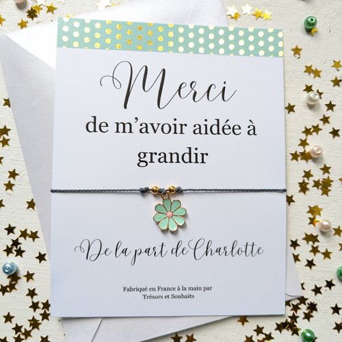 Bracelet pour un enseignant, une nounou, une atsem cadeau de fin d'année scolaire avec carte de remerciement personnalisée