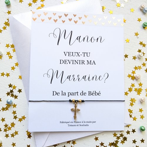 Bracelet à breloques avec nom personnalisé carte d'invitation marraine