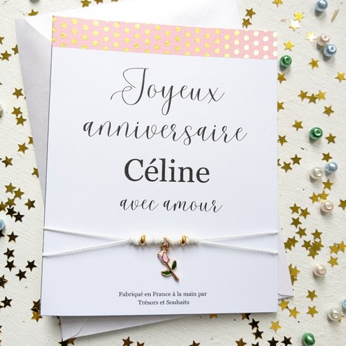 Cadeau d'anniversaire, carte d'anniversaire, bracelet à breloques fait à la main, nom personnalisé