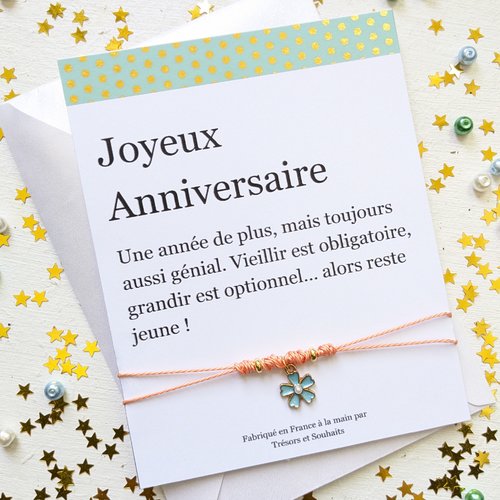 Cadeau d'anniversaire avec carte d'anniversaire, bracelet cordon ajustable avec une breloque fleur, bijoux d'amitié