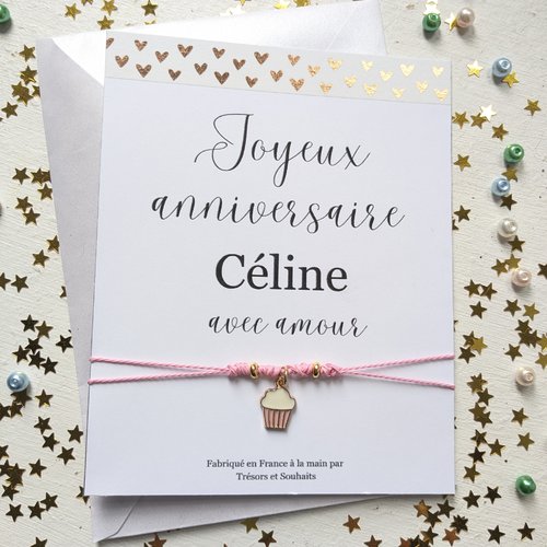 Bracelet à breloques cadeau d'anniversaire et carte, cordon réglable, breloque cupcake