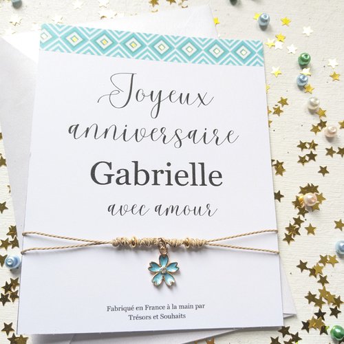 Bracelet d'amitié, carte d'anniversaire personnalisée, cadeau d'anniversaire avec breloque fleurie