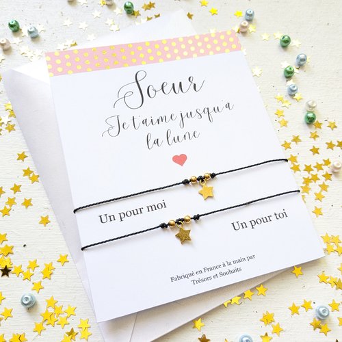 Deux bracelets pour sœurs à partager avec une carte de vœux imprimée, cadeau d'anniversaire pour elle