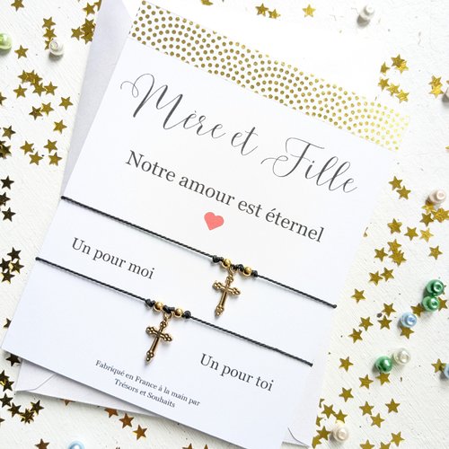 Cadeau pour mère et fille, bracelets avec breloques en forme de croix, carte de vœux