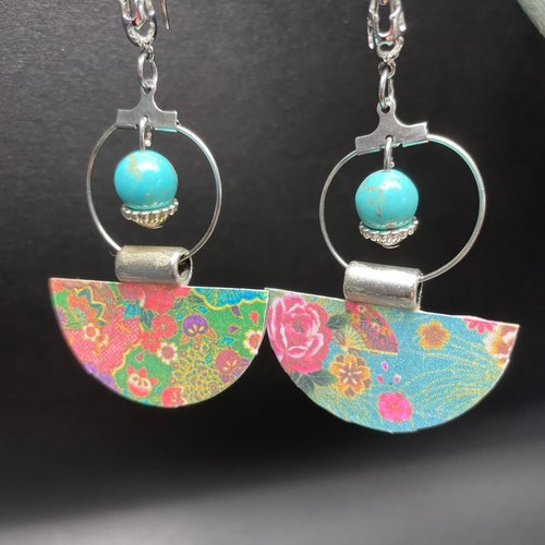 Boucles d'oreilles motif washi japonais,perle de turquoise crochet acier inoxydable