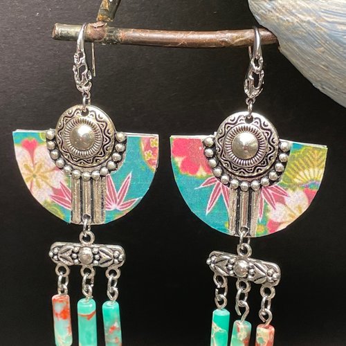 Boucles d'oreilles motif japonais,perle jaspe impérial, crochet acier inoxydable