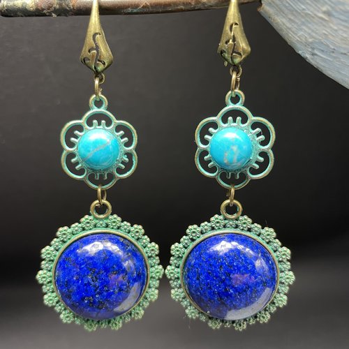 Boucles d'oreilles fleur de lapis lazuli et turquoise
